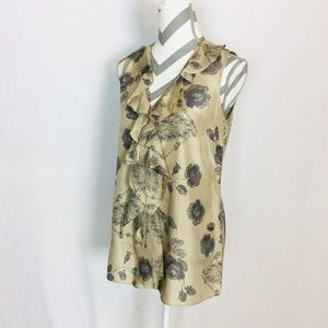 CAbi Silk Floral Blouse Ruffle V neck Sleeveless